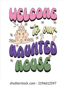 Groovy style Halloween typography t-shirt design, vintage typography t-shirt design, retro Halloween t-shirt design, groovy t-shirt design.