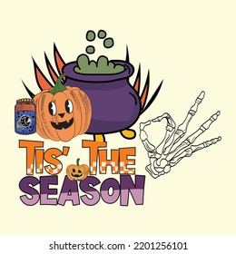 Groovy style Halloween typography t-shirt design, vintage typography t-shirt design, retro Halloween t-shirt design, groovy t-shirt design.