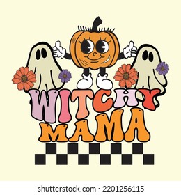 Groovy style Halloween typography t-shirt design, vintage typography t-shirt design, retro Halloween t-shirt design, groovy t-shirt design.