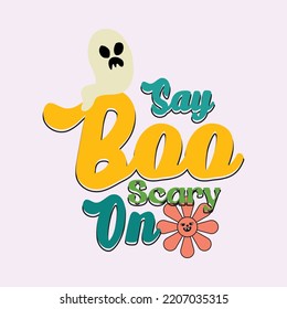 Groovy style Halloween typography t-shirt design, vintage typography t-shirt design, retro Halloween t-shirt design, groovy t-shirt design.