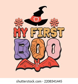 Groovy style Halloween typography t-shirt design, vintage typography t-shirt design, retro Halloween t-shirt design, groovy t-shirt design.
