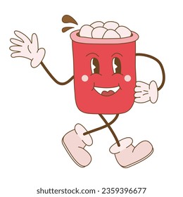 Groovy style hot chocolate cup cartoon character, waving hand, vector