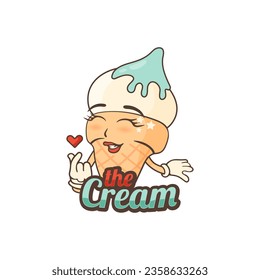 Groovy style ice cream logo on white background. Ice happiness logo. Branding mascot for cafe. Vector illustration