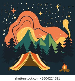 Groovy style illustration camping in the mountain in the night, bright colored illustration flat vector