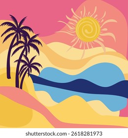 Groovy style illustration summer beach sunshine and palm, bright hippie style flat vector for posters
