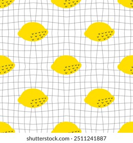 Groovy style lemons seamless pattern on grid distorted background. Hippie aesthetic print for fabric, paper, textile. Hand drawn geometric vector illustration.