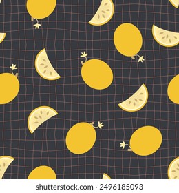 Groovy style melons seamless pattern on grid distorted background. Perfect print for fabric, paper, textile. Hand drawn vector illustration.