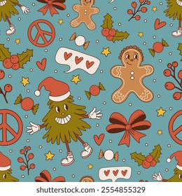 Groovy style pattern with Christmas trees, candy, gingerbread man, botany. Cartoon style illustration, vector design