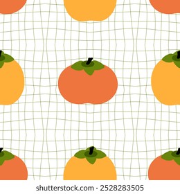 Groovy estilo caquis padrão perfeito no plano de fundo distorcido da grade. Impressão estética hippie para tecido, papel, têxtil. Ilustração de vetor desenhada à mão.