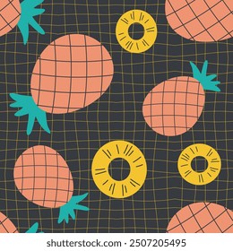 Groovy style pineapples and slices seamless pattern on grid distorted background. Hippie aesthetic print for fabric, paper, textile. Hand drawn geometric vector illustration.


