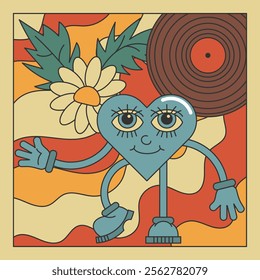 Groovy style poster with animated heart and other objects. Retro palette. Vector illustration
