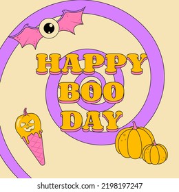 Groovy Style Poster Happy Boo Day for Halloween Holiday Mesmerizing Spiral Pumpkin and Flying Eye