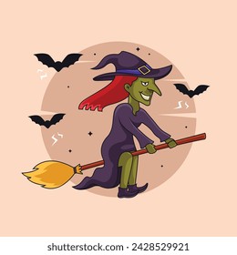 Groovy style retro halloween witch cartoon