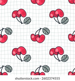 Groovy style seamless pattern with cherries on grid distorted background. Perfect print for fabric, paper, textile. Hand drawn vector illustration.


