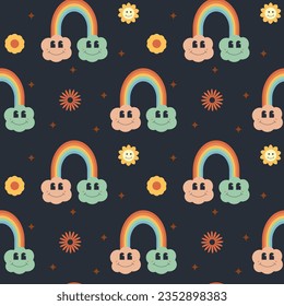 groovy style seamless pattern with rainbows and flowers