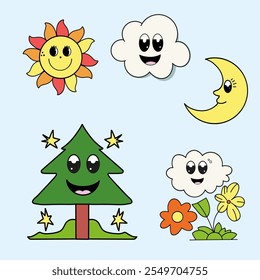 Conjunto de estilo groovy сpersonajes de dibujos animados. Un sol sonriente, nubes felices, una luna amistosa y un árbol alegre con flores, apelando a la imaginación y creatividad de los niños