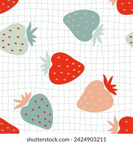 Groovy style strawberries seamless pattern on grid distorted background. Hippie aesthetic print for fabric, paper, textile. Hand drawn geometric vector illustration.

