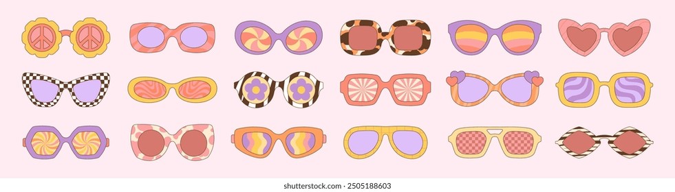 Gafas de sol de estilo Groovy. Gafa de sol con estilo hippie con marco decorativo de moda. Diseño de gafas de plástico, protección solar de los ojos. Conjunto de Vector picante de Eyewear