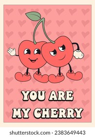 Groovy style Valentines day poster with couple cute cherry in love