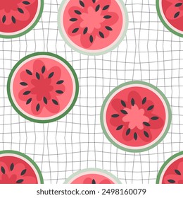 Groovy Stil Wassermelonen nahtloses Muster auf Raster verzerrten Hintergrund. Perfekter Druck für Stoff, Papier, Textil. Handgezeichnete Vektorgrafik.