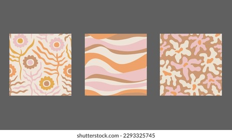 Groovy summer abstract patterns set. Cute pastel colored wavy seamless backgrounds collection in naive retro style for fabric, textile, greeting card, wallpaper