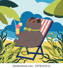 Groovy Summer art with capybara. Cute trendy pastel colors Summer sunny day aesthetic. Surf Club concept in trendy limited color style. Groovy vector illustration