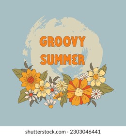 Groovy Summer with daisy flowers. Groovy and retro vibes. Vector illustration.