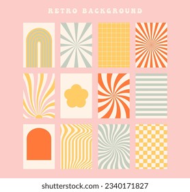 Groovy Summer days, hippie 60s backgrounds. Fun cartoon hypnotic, rays, flowers, stripes, chess. Vector posters in trendy retro psychedelic style. Fun Sunny cards. Vintage old style, 30s, 40s