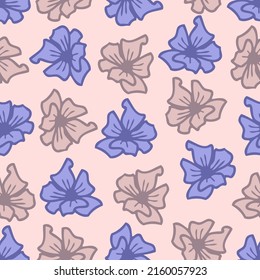 Flores de verano gruesas sin fisuras en el estilo de los años 70. Fondo floral simple para textiles, papel, papel de embalaje, cubiertas. Ilustración vectorial Doodle para decoración y diseño.