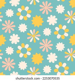 Groovy Summer Flowers Seamless Pattern 70s, 60s Retro style. Vintage Hippie daisy background. Floral Boho trendy fabric, textile design, vector illustration