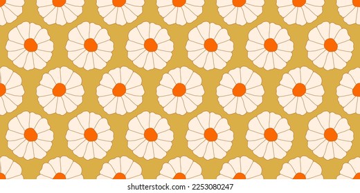 Groovy Summer Flowers Seamless Pattern 70s, 60s Retro style. Vintage Hippie daisy background. Floral Boho trendy fabric, textile design, vector illustration