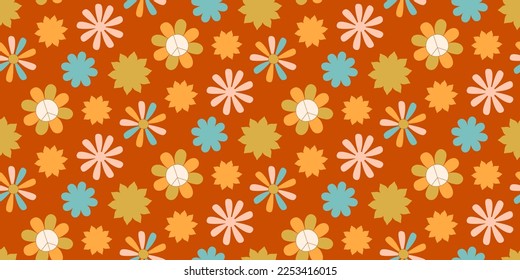 Groovy Summer Flowers Seamless Pattern 70s, 60s estilo Retro. Vintage Hippie fondo de margarita. Ilustración vectorial floral. Tela boho de moda, diseño textil, fondo vectorial
