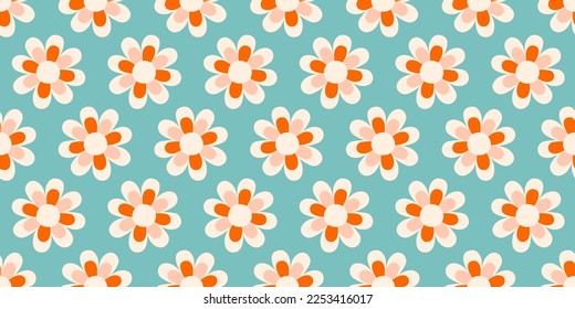 Groovy Summer Flowers Seamless Pattern 70s, 60s Retro style. Vintage Hippie daisy background. Floral Boho trendy fabric, textile design, vector illustration