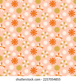 Groovy Summer Flowers Seamless Pattern 70s, 60s Retro style. Vintage Hippie daisy background. Floral vector illustration. Boho trendy fabric, textile design, vector background