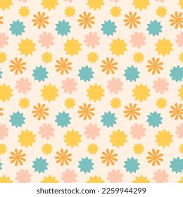 Groovy Summer Flowers Seamless Pattern 70s, 60s estilo Retro. Vintage Hippie fondo de margarita. Tejidos de moda de Boho floral, diseño textil, ilustración vectorial