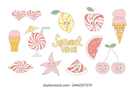 Groovy summer fruits, icecream, star, coctail. Funky mascot patch stickers. Vector modern fruits.