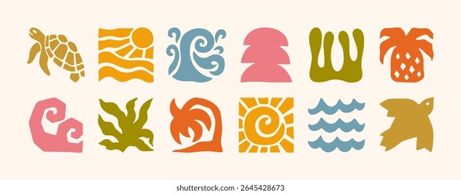 Groovy Summer Icons in Boho Style. Vector Abstract Square Tropical Illustrations in Freehand. Geometric Bird, Sun, Sea Wave, Palm, Flower, Pineapple and Turtle for Logo, Patterns, Print, Stickers