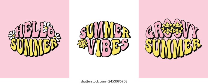 groovy summer lettering set, pink and yellow groovy aesthetic poster design, hippie lettering, retro style t shirt graphics, vector illustration