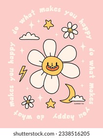 Groovy summer print for t-shirt. Cartoon doodle funny illustration in retro style. Bright graphic with summer elements: stars, moon, daisy flower, clouds, inspiring lettering