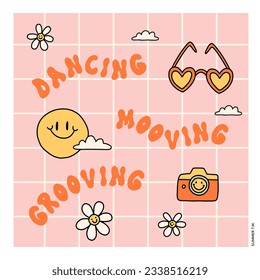 Groovy summer print for t-shirt. Cartoon doodle funny illustration in retro style. Bright graphic with summer elements: smile, sunglasses, photo camera, daisy flower, clouds, inspiring lettering 