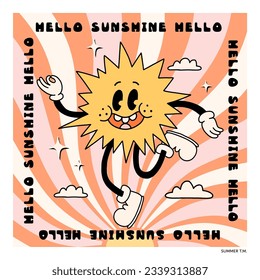 Groovy Sommerdruck für T-Shirt. Cartoon doodle lustige Illustration im Retro-Stil. Helle Grafik mit süßer, groovy, lebendiger Charaktersonne. Hier kommt Sonne Hallo Sonnenschein Buchstaben 