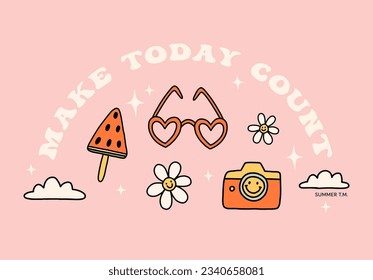 Groovy summer print for t-shirt. Cartoon doodle funny illustration in retro style. Bright graphic with summer elements: smile, sunglasses, photo camera, daisy flower, clouds, inspiring lettering 