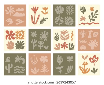 Groovy summer prints set with tropical vacation design elements, exotic nature decoration and ornate vector illustration. Simple background templates with rainforest, seacoast botanical pattern