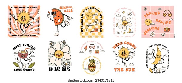 Groovy summer prints set for t-shirt. Cartoon doodle funny illustration collection, retro style. Bright graphics with summer elements: smile, sunglasses, daisy flower, inspiring lettering. Isolated 