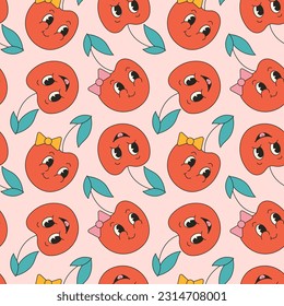 Groovy summer seamless pattern with cute cherries. Fruit cartoon character in trendy retro style, comic mascot character.