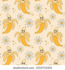 Groovy summer seamless pattern with cute bananas and daisies. Fruit cartoon character in trendy retro style, comic mascot character.