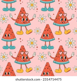 Groovy summer seamless pattern with cute watermelons and daisies. Fruit cartoon character in trendy retro style, comic mascot character.