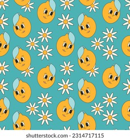 Groovy summer seamless pattern with cute lemons and daisies. Fruit cartoon character in trendy retro style, comic mascot character.