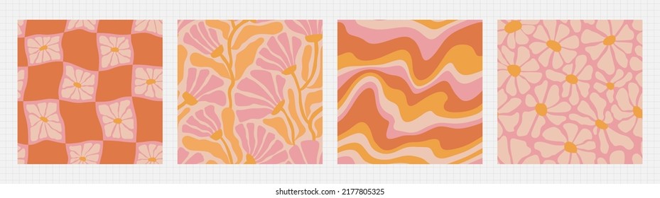 Groovy summer seamless pattern set - floral, checkered, marble. Funky retro aesthetic prints for modern fabric design with melting organic shapes.