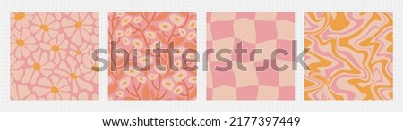 Groovy summer seamless pattern set - floral, checkered, marble. Funky retro aesthetic prints for modern fabric design with melting organic shapes.